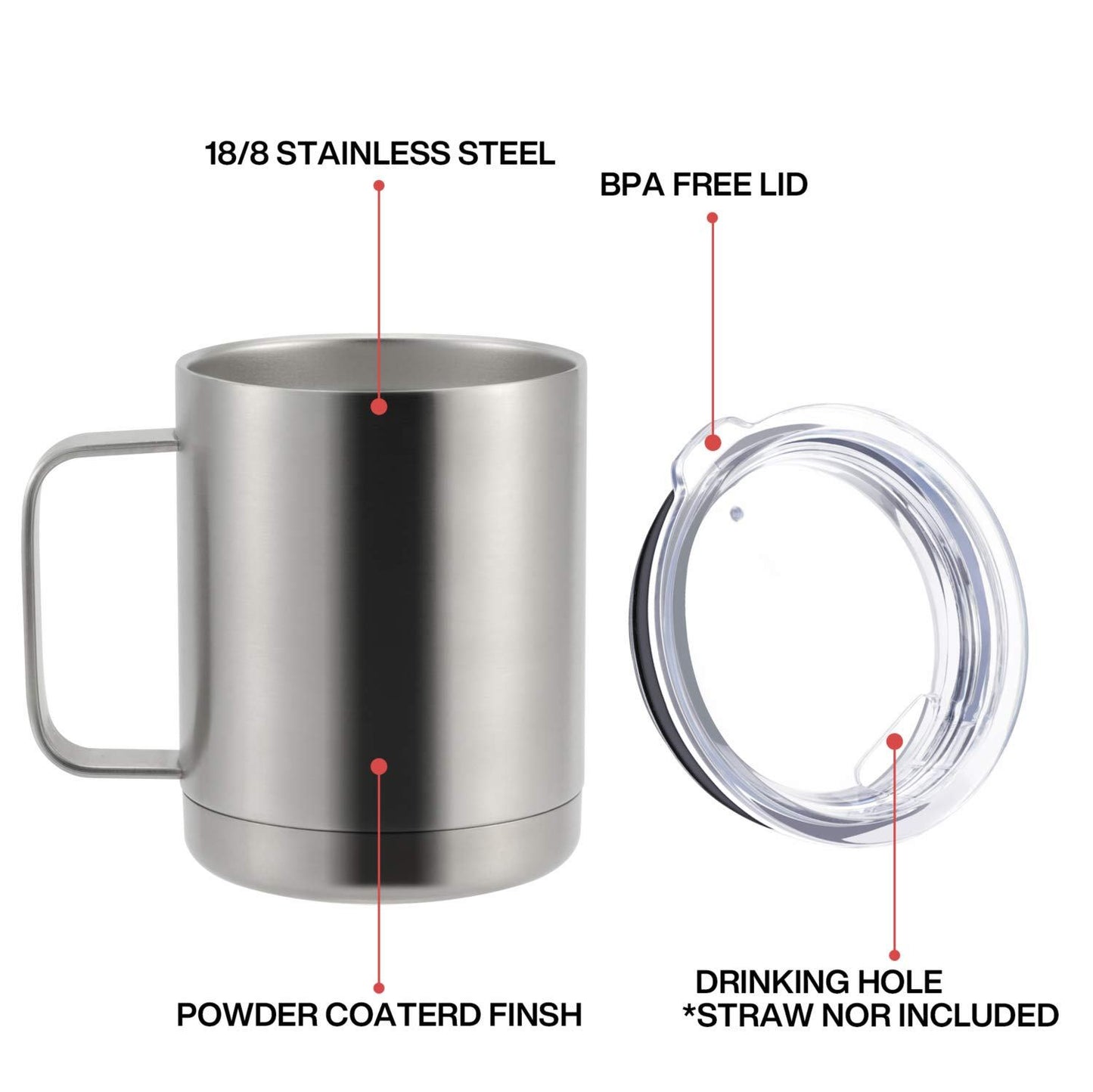 Custom Logo 12 Oz 14 Oz Powder Coated Insulated Stainless Steel Coffee Cup Handle Double Wall Vacuum Insulated Coffee Cup With Lid