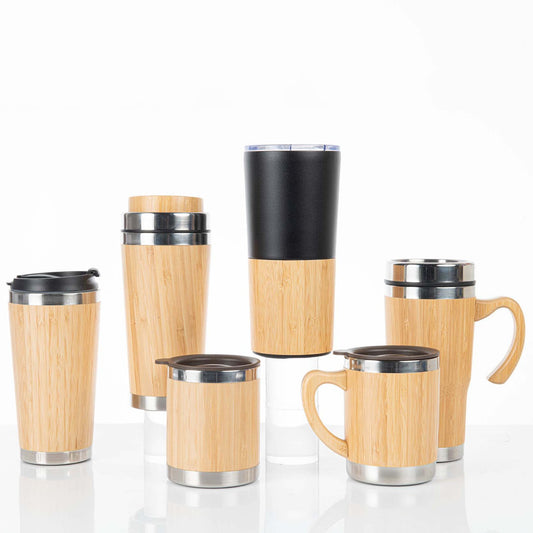 Custom Eco-friendly Double Wall Stainless Steel Bamboo Shell Coffee Cup With Lid And Handle Water Cup