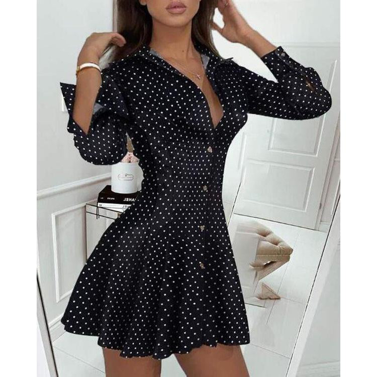 Women's Polka Dot Print Pleated Skirt Clothing Black Long Sleeve Lapel Elegant Mini Women's Clothing