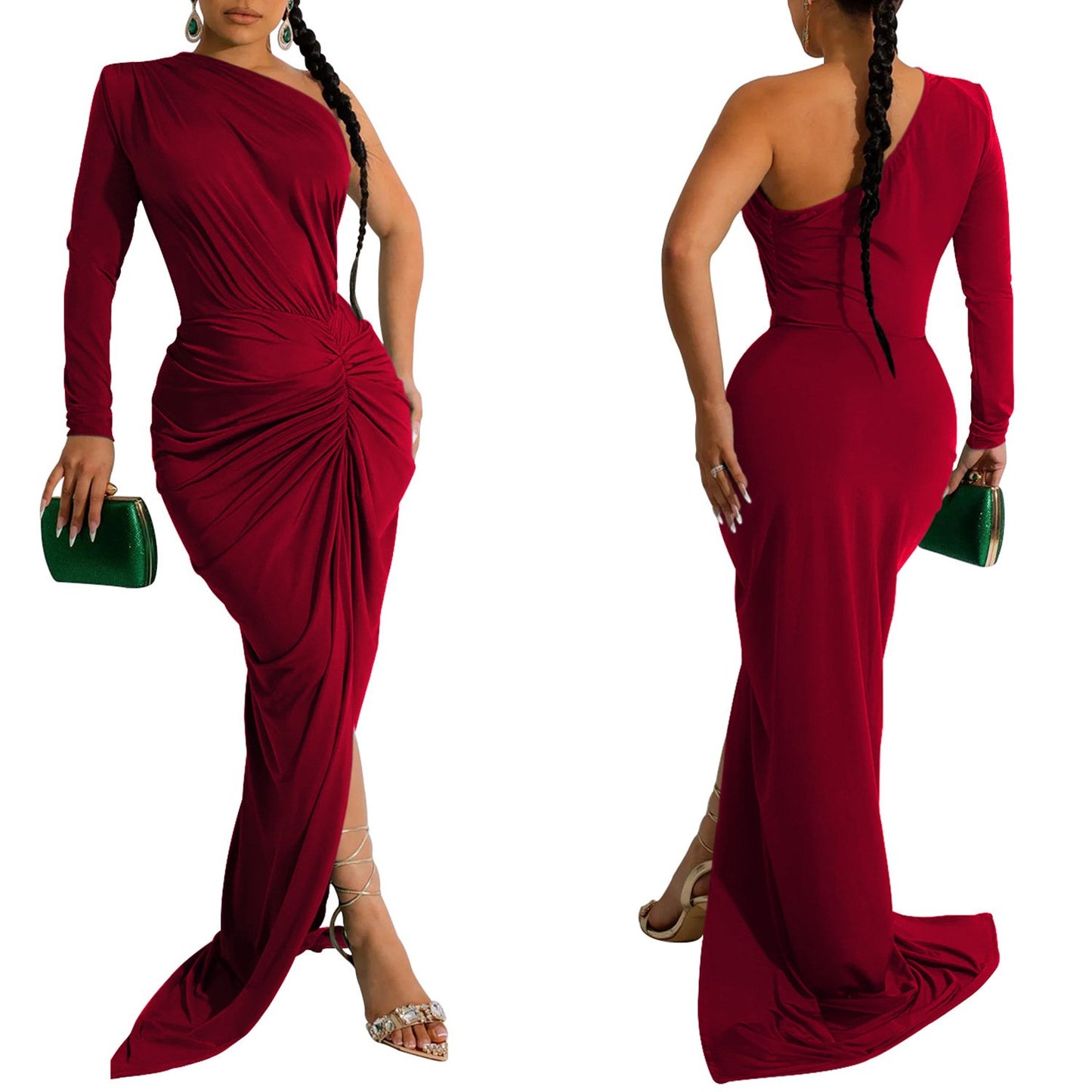 X6042 New Ladies Evening Dress Dress Elegant Solid Color Oblique Collar One Piece Long Sleeve Dress Ladies Party Dress