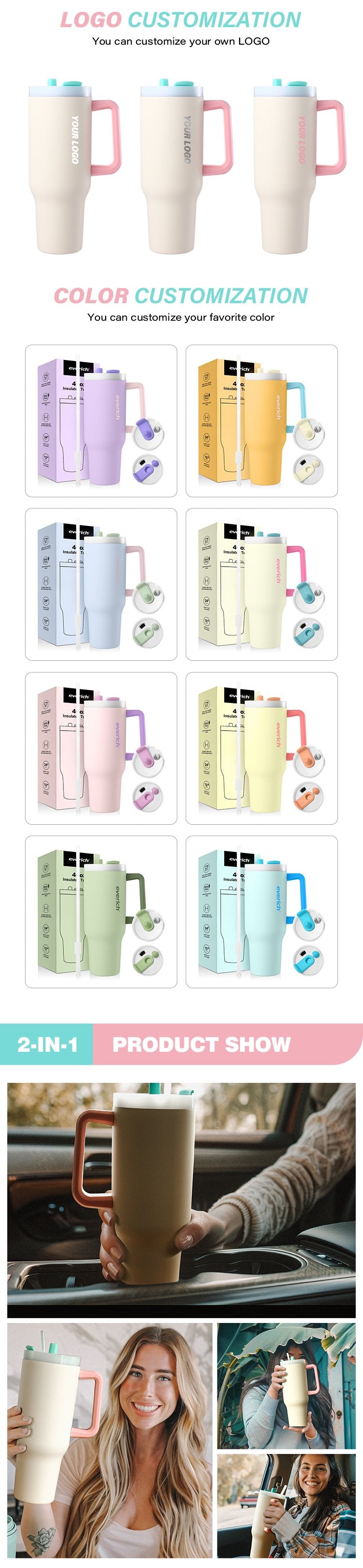 Custom Logo 40 Oz Cup Tumbler Stainless Steel Outdoor Travel Mug With Handle And Straw