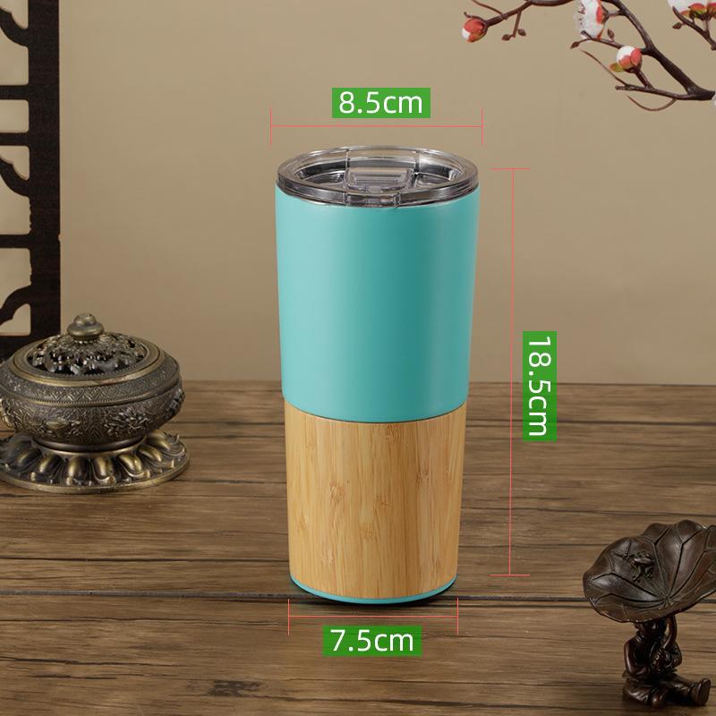 Custom Eco-friendly Double Wall Stainless Steel Bamboo Shell Coffee Cup With Lid And Handle Water Cup