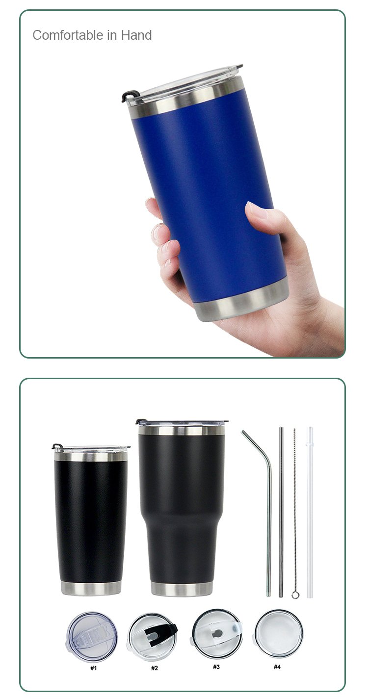 Custom 20 Oz Tumbler Cup With Powder Coated Color Double Wall Stainless Steel 20 Oz Coffee Tumbler With Lid And Straw