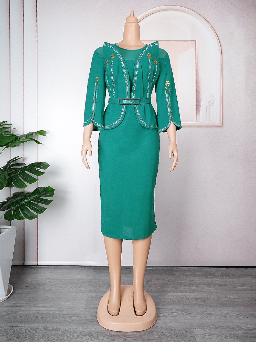2023 African Mandarin Sleeve Dress Women Printed Dress With Belt Mother Plus Size Elegant Pleated Dress