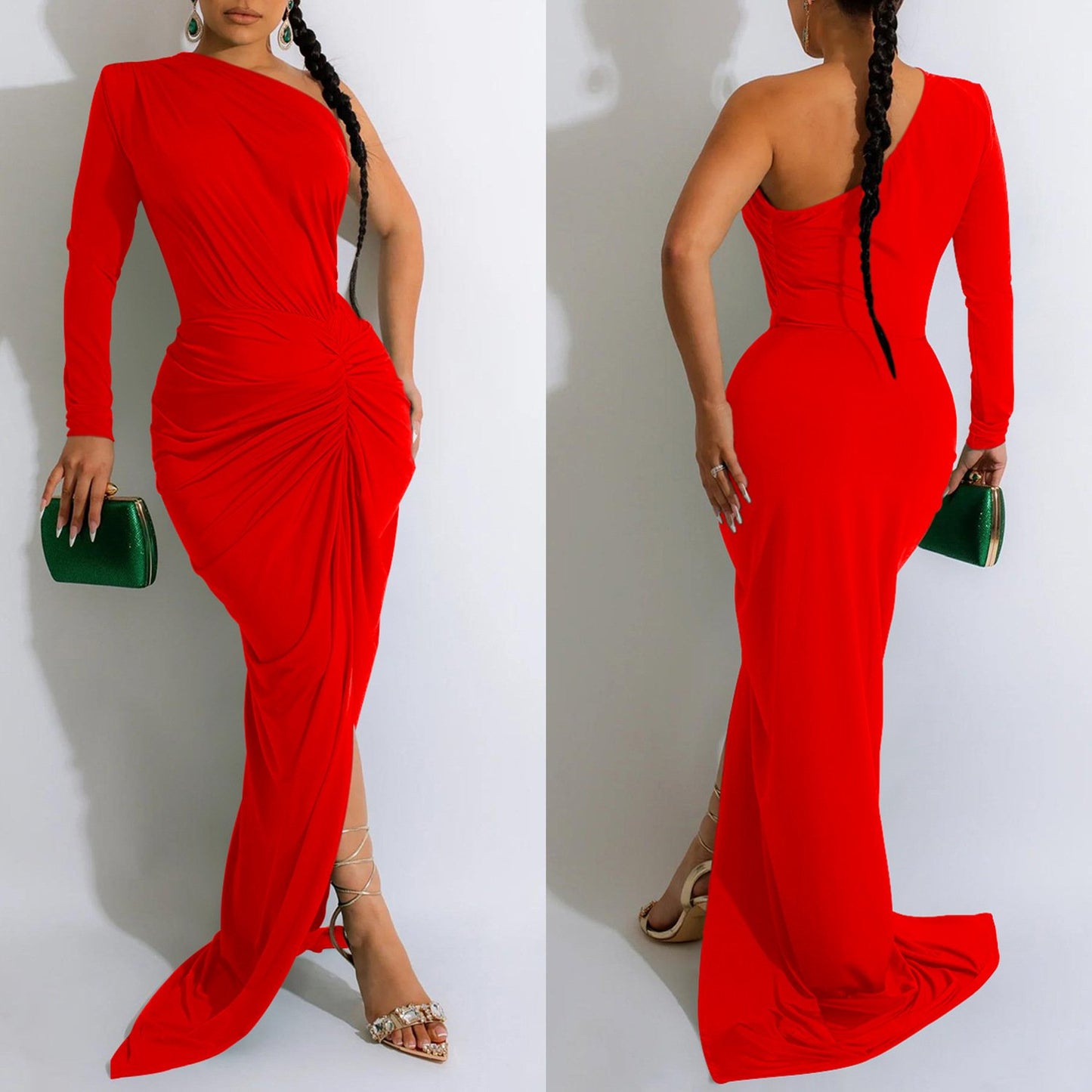 X6042 New Ladies Evening Dress Dress Elegant Solid Color Oblique Collar One Piece Long Sleeve Dress Ladies Party Dress