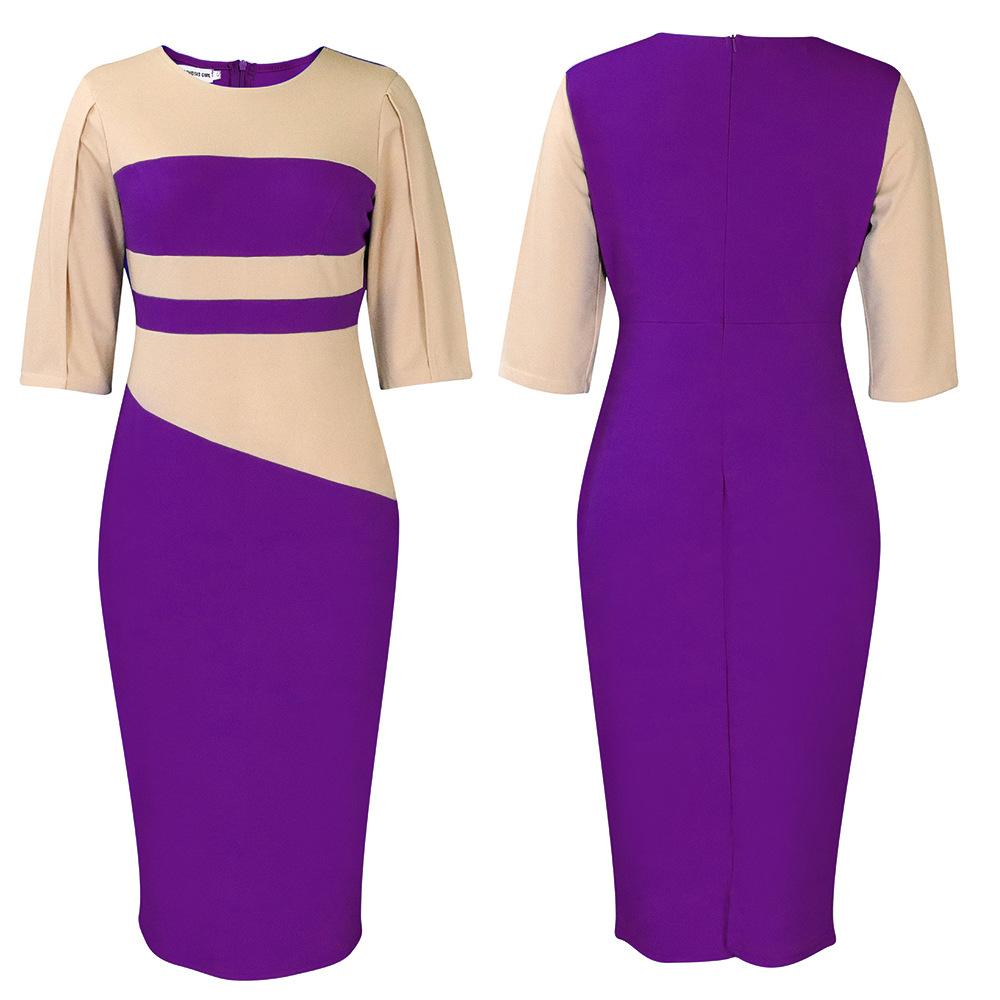 C230240 African Contrast Color Dress Plus Size Half Sleeve Pencil Formal Midi Dress Office Women