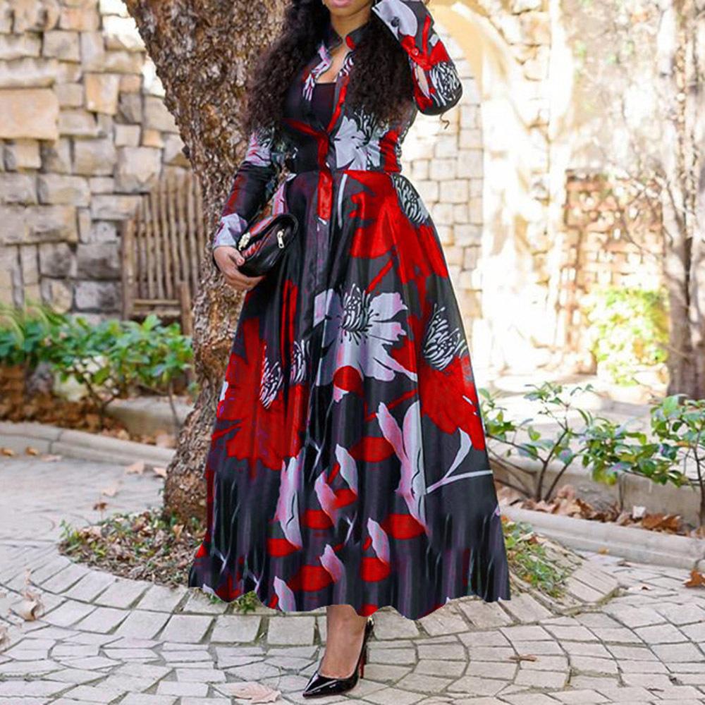 Spring Wholesale Women's Plus Size Dress Printed Long Sleeve Elegant Casual Dress Ruffled Maxi Dress