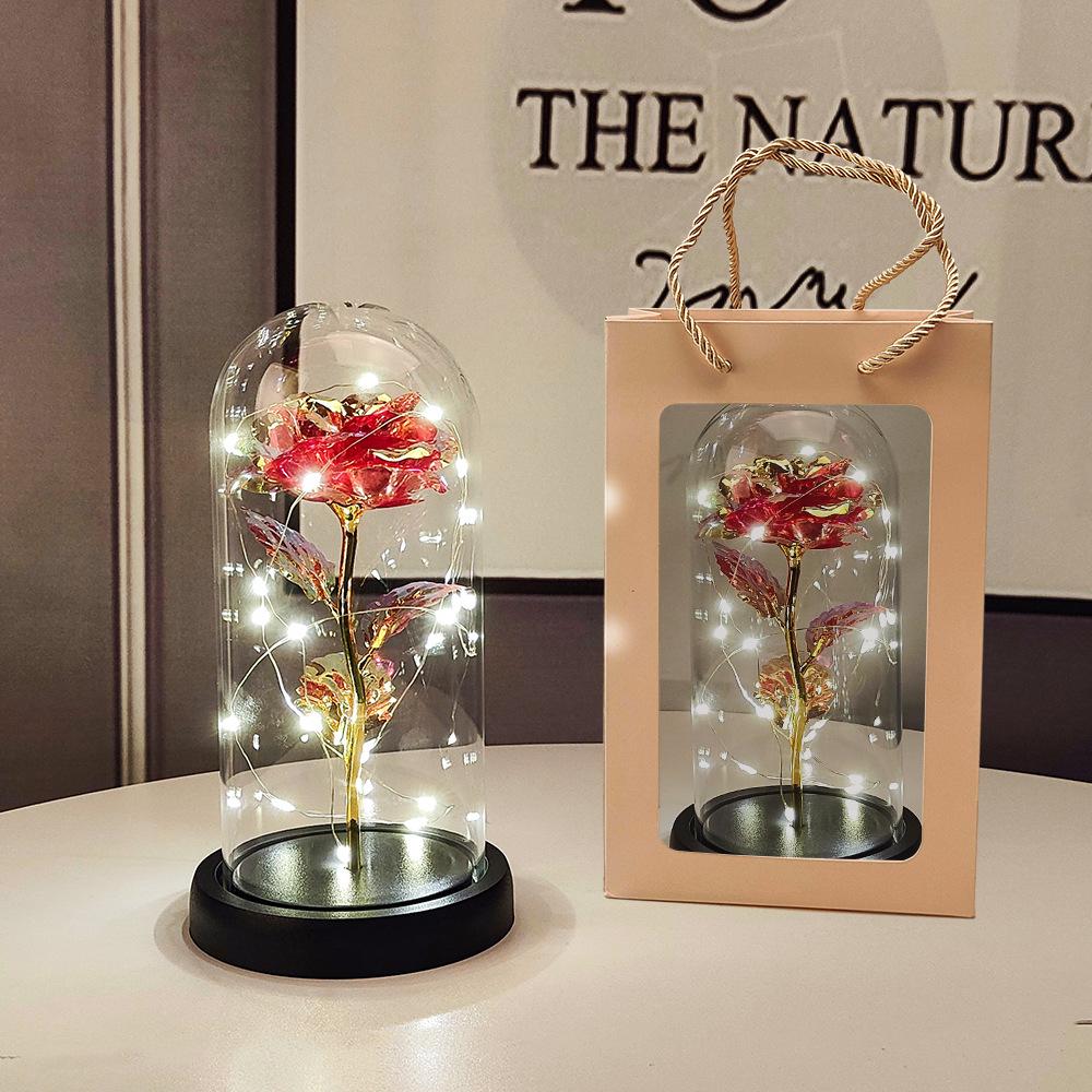 Glass Dome LED Light Mother's Day And Christmas Gift Plastic Preserved Flowers Plant Women Eternal Galaxy Rose Forever Rose