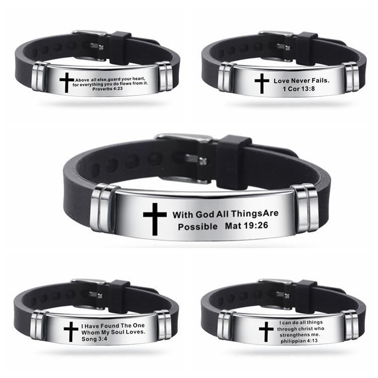 Promotional Gift Religious Silicone Bracelet Custom Fashion Accessories Stainless Steel Christian Bible Scripture Bracelet