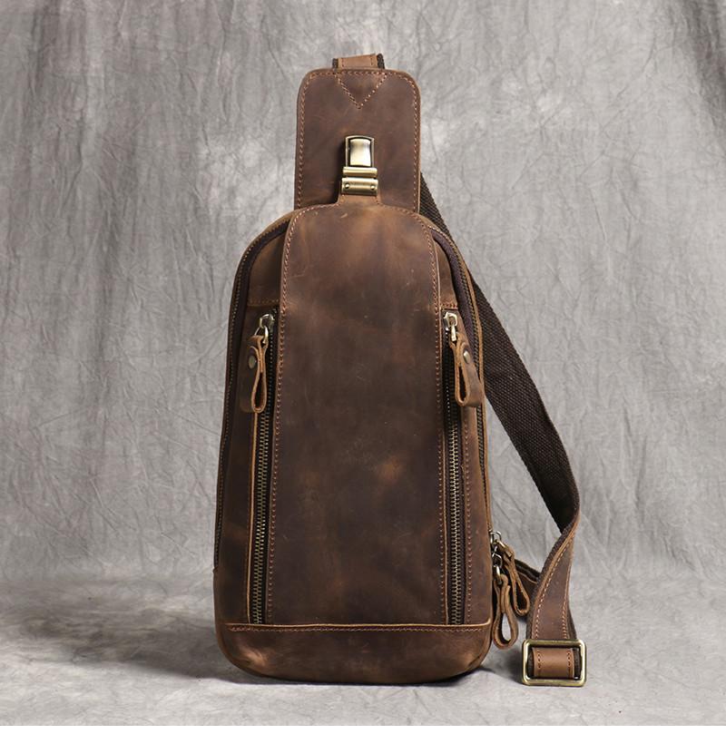 New Crazy Horse Show Leather Chest Bag Retro Genuine Leather Men's Bag Retro Casual Shoulder Bag Suitable For 7.9-inch IPad