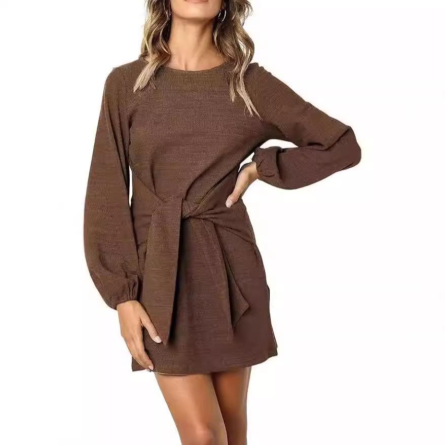 High Quality Elastic Knitted Material Lantern Sleeves Business Office New Dress Design Girls Elegant Women's Clothing