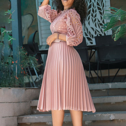 OEM Wholesale Autumn American Women Crochet Lace Dress Pleated Skirt Plus Size Long Sleeve White Church Evening Dress