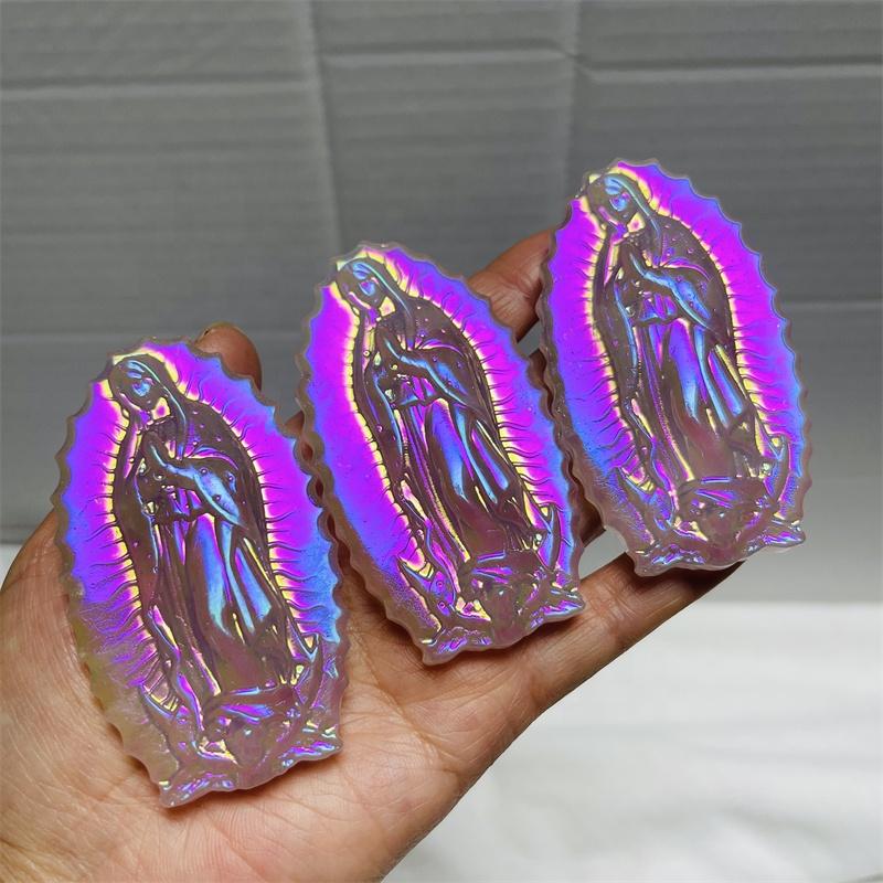 Wholesale Halo Pink Crystal Carved Virgin Mary Plated Rose Quartz Carved Santa Maria Gift