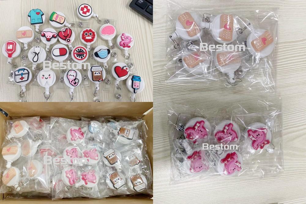 Bestom MOQ 100 32mm Silicone Nurse Accessories Gift ID Card Badge Retractable Reel, Heart-shaped Stethoscope Badge Holder