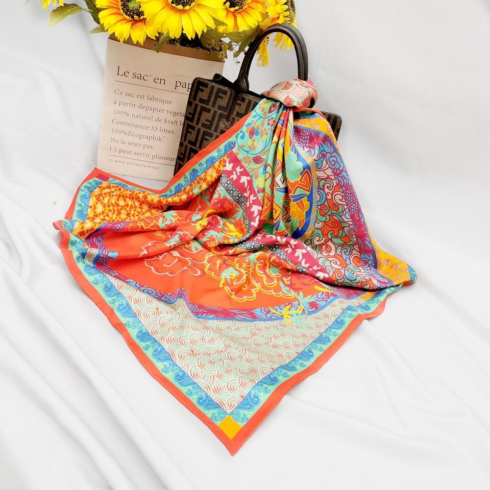 Chinese Traditional Elements Printed Custom Silk Scarf 90*90cm Square Mulberry Silk Scarf Custom Printed Silk Scarf