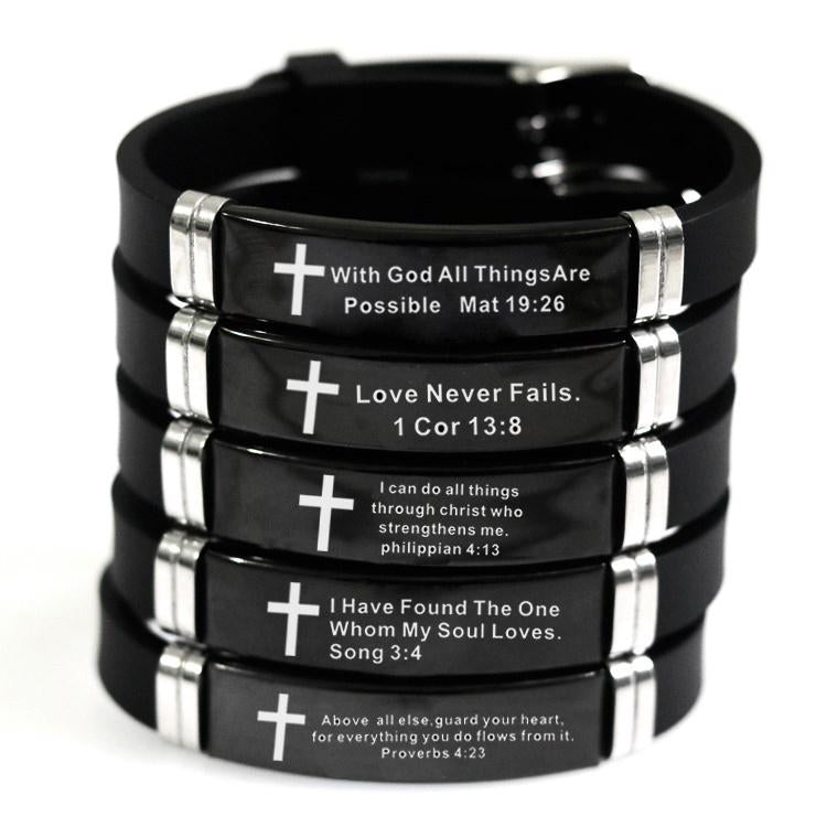 Promotional Gift Religious Silicone Bracelet Custom Fashion Accessories Stainless Steel Christian Bible Scripture Bracelet