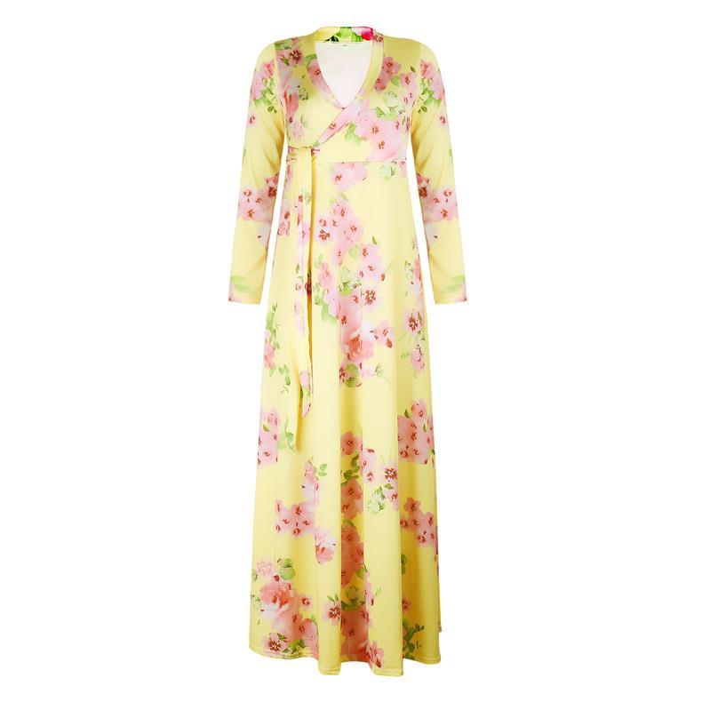 Women's S-5XL Plus Size Printed Long Sleeve Dress Crossover V-Neck Dress Maxi Long Casual Dress