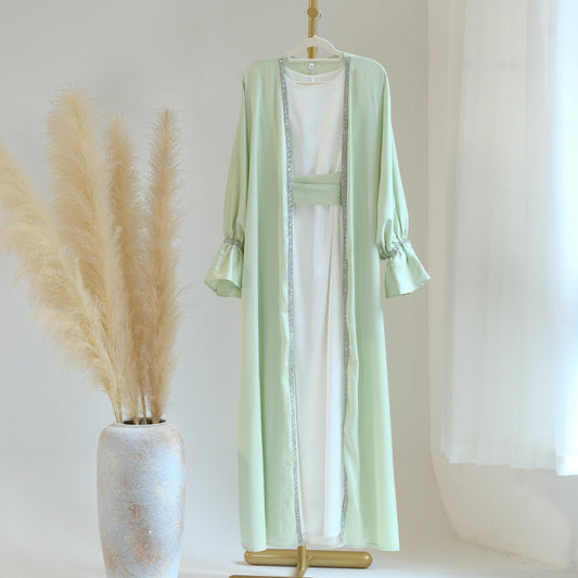 2023 New Design Eid Fitr Dubai Islamic Elegant Luxury Modest Abaya Women Muslim Dress Turkey Slide Dress Diamond Satin Silk