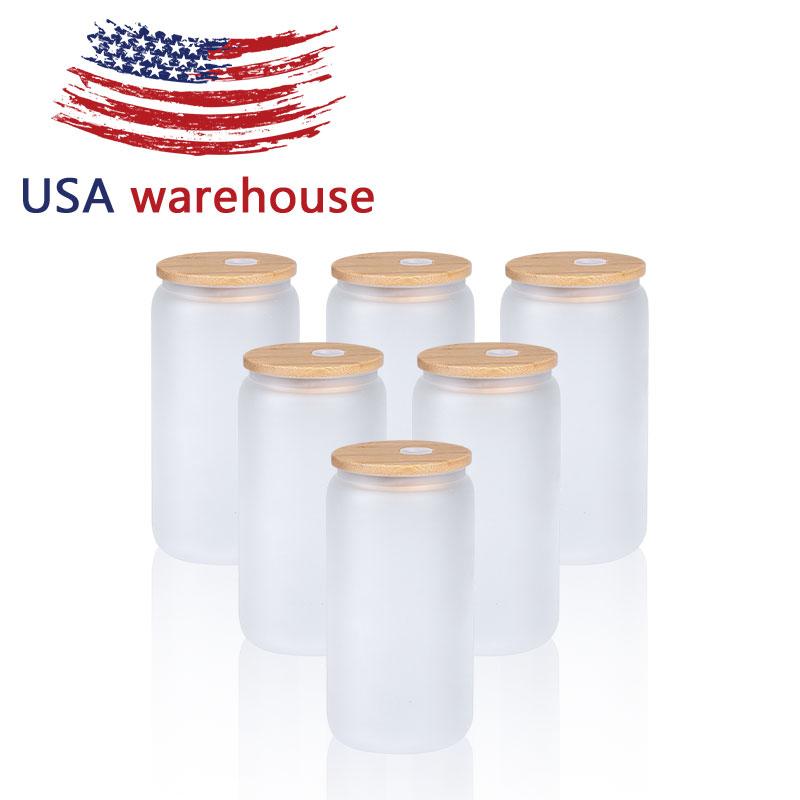 China USA Warehouse 16 Oz Clear Frosted Sublimation Blank Glass Mason Can Beer Can Bamboo Lid Glass Cup