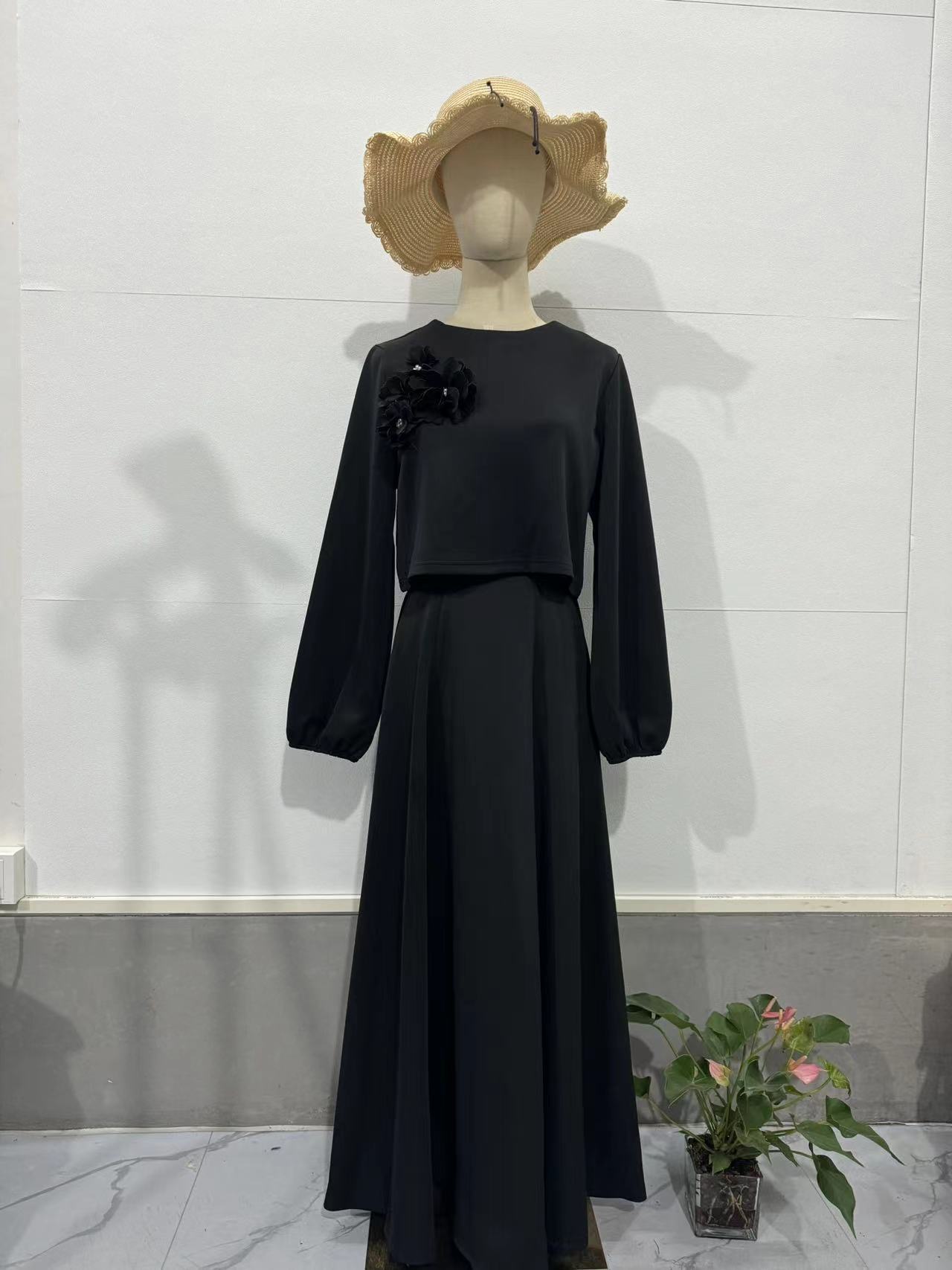 Wholesale Fashion Elegant Moderation Islamic Clothing Two-Piece Muslim Women Casual Shirt Floral Lantern Sleeve Loose Dress Suit