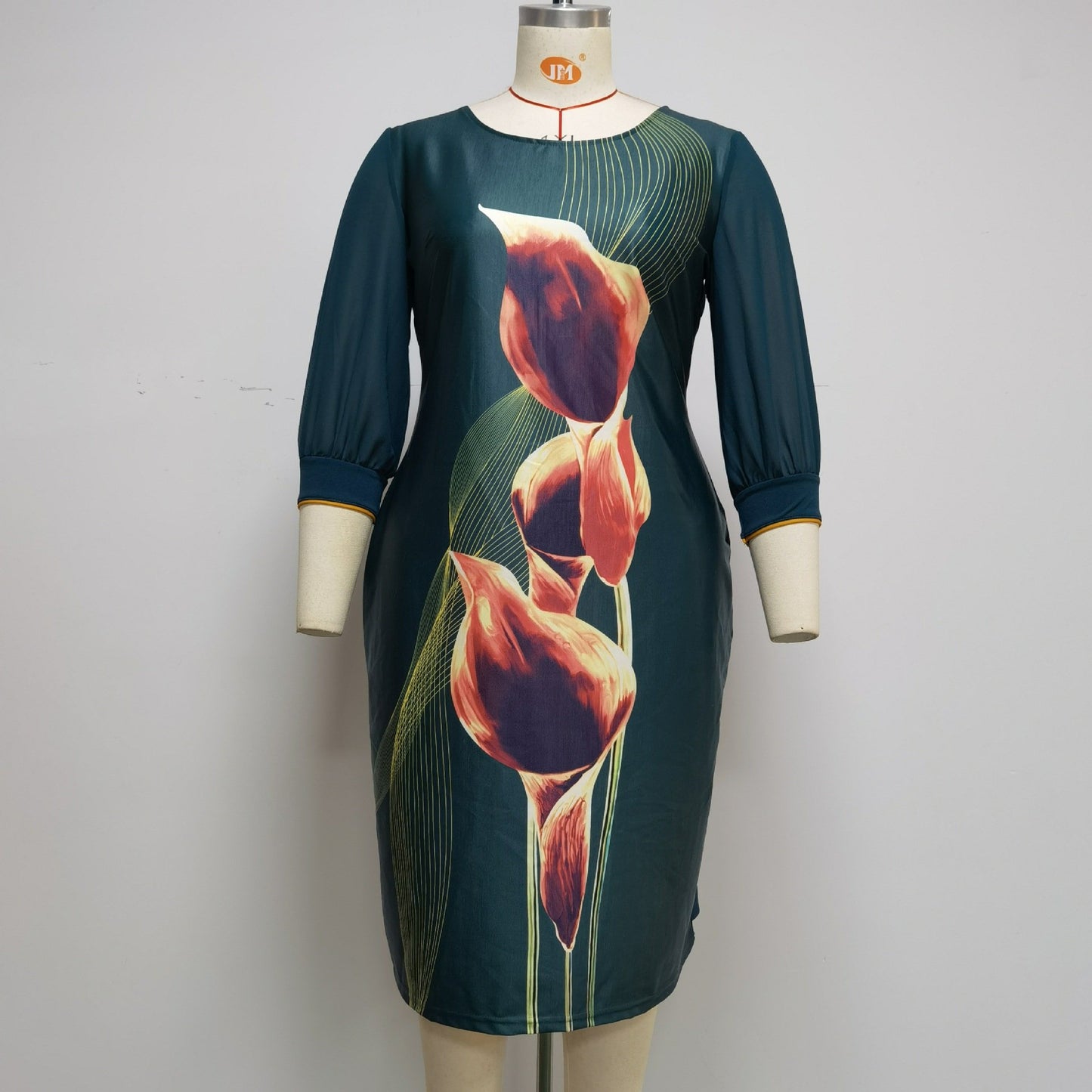 African Women Plus Size Dress O Collar 3/4 Sleeve Printed Office Dress Women's Pencil Midi Dress