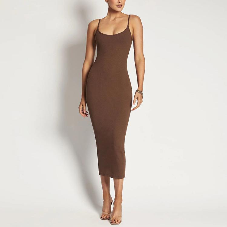Knitwear Clothing Manufacturer Open Back Decorative Knitted MIDI Dress Rib Sweater Summer Knitted Dress Women