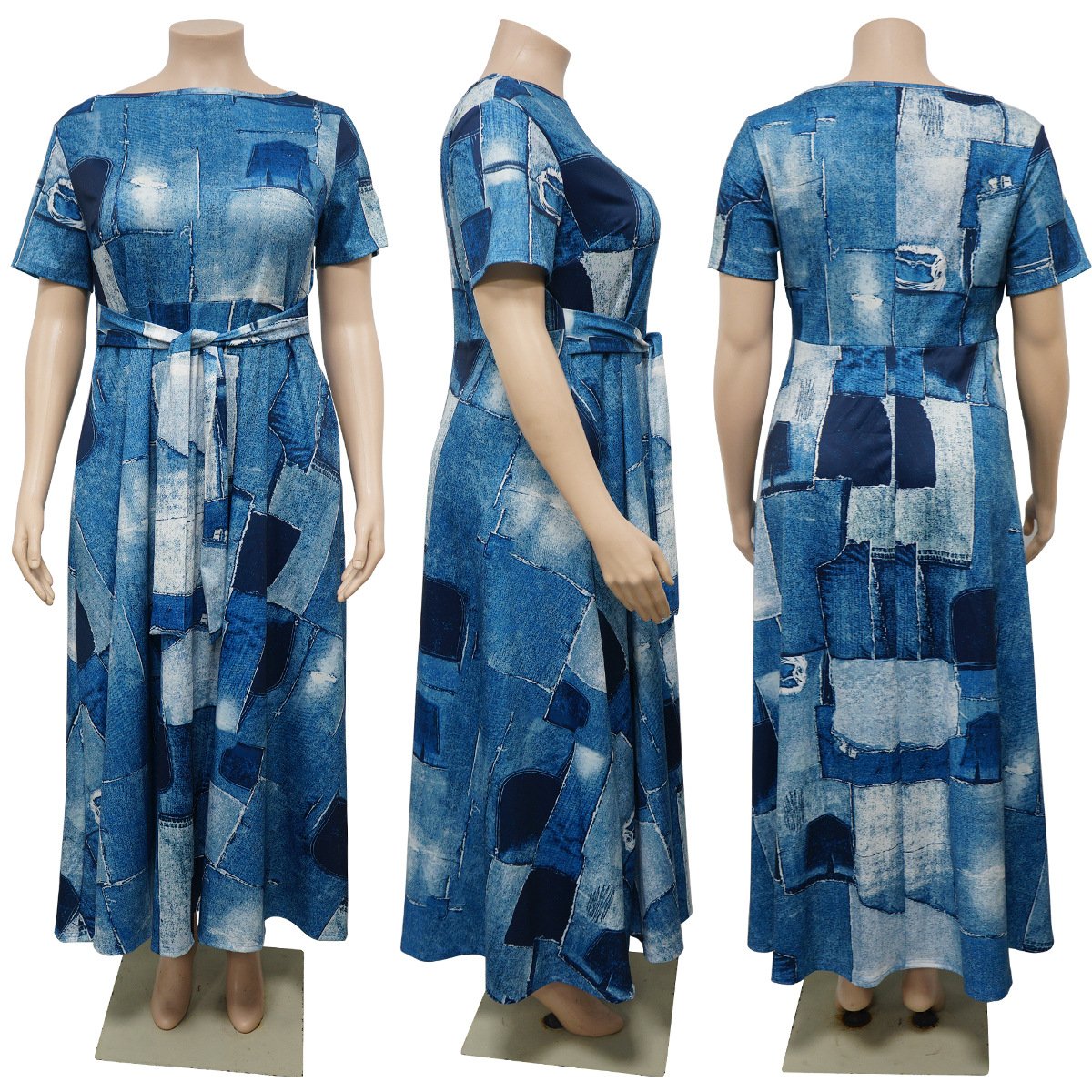 Plus Size Hot Sale New Digital Printing Dress Women Geometric Color Short Sleeve O Collar A Line Belt Casual Dress