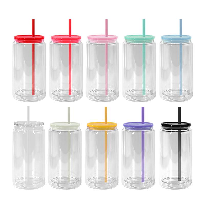 Snowball Coffee Cup With Lid Wine Glass Double Wall Pre-drilled Wine Glass With Colored Lid And Straw 16 Oz Plastic Jar