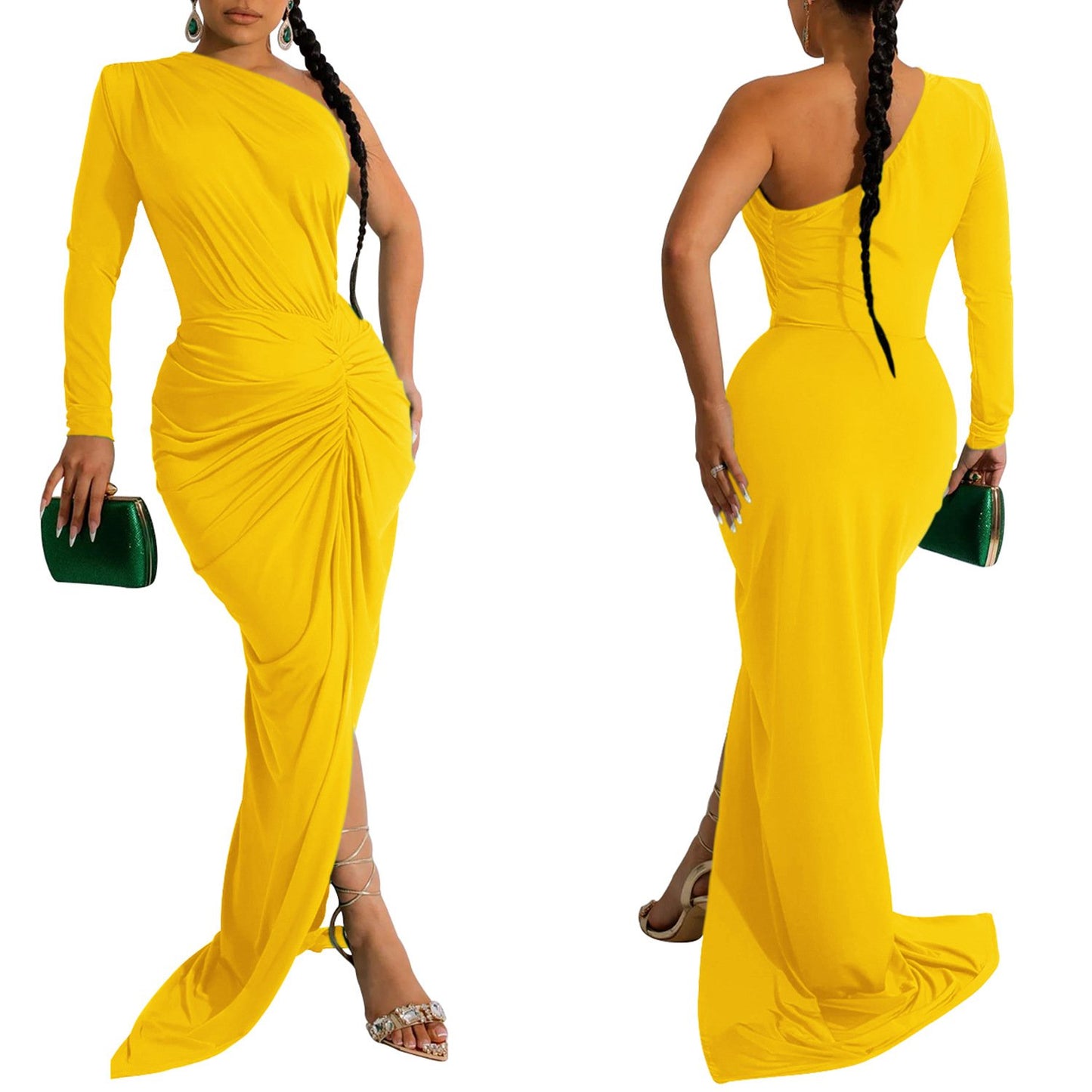 X6042 New Ladies Evening Dress Dress Elegant Solid Color Oblique Collar One Piece Long Sleeve Dress Ladies Party Dress