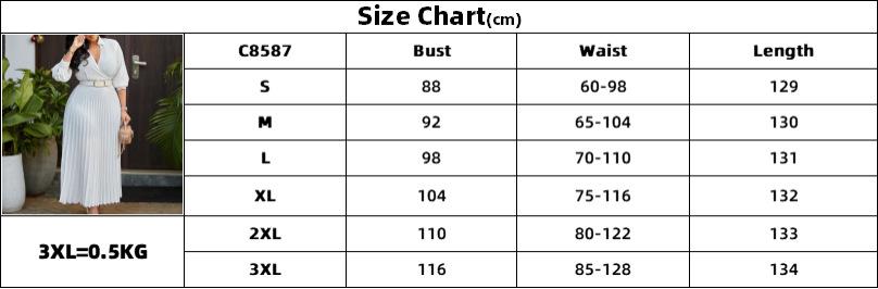 C8587 Fashion Casual Dress Women's Elegant Solid Color Long Sleeve V-neck Pleated Skirt Women's Office Dress Dress With Belt