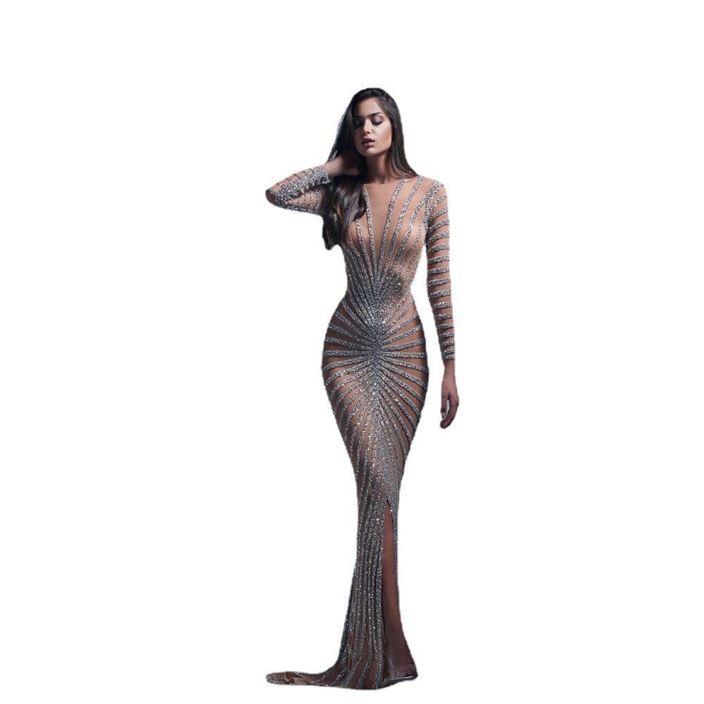 2023 New Arrival Shiny Diamond Pearl Dress Long Sleeve Tight Dress Women Birthday Celebration Brand Evening Gown