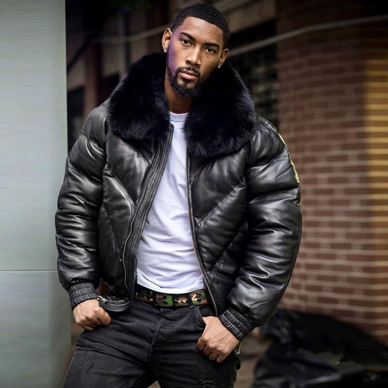 2021 Latest Men's High Custom Bomber Black Real Fox Fur Collar High Grade Duck Down With Black Real Sheepskin Jacket