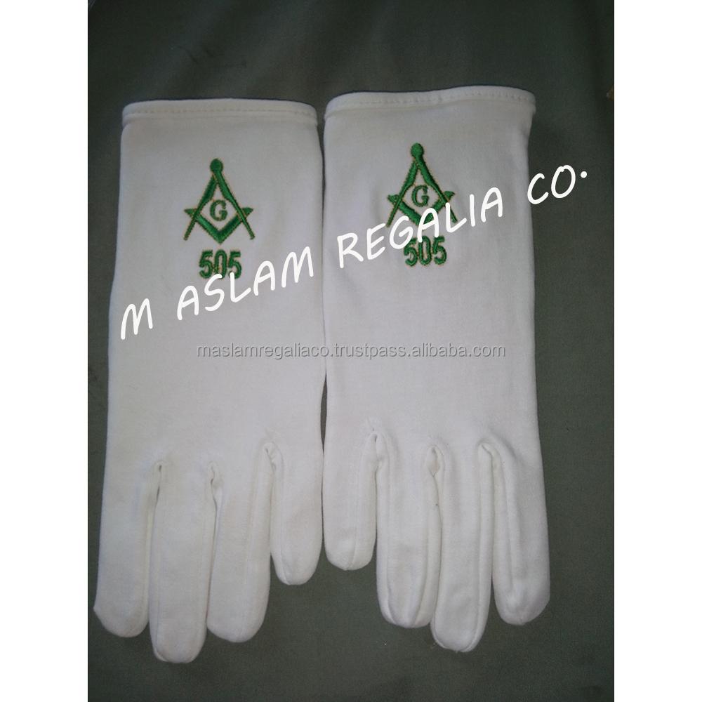 Royal Blue Square & Compasses Machine Embroidered Masonic White Cotton Gloves