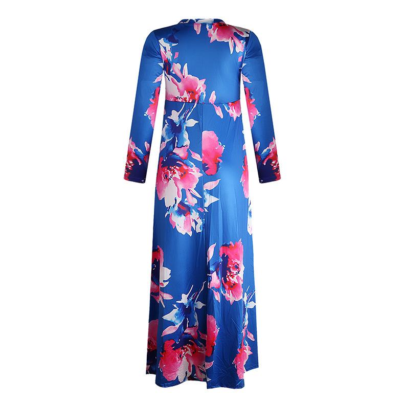 2024 Plus Size Women's Long-sleeved Women's Fat V-neck Printed Lace-up Waist Women's Maxi Skirt Women's Casual Wear