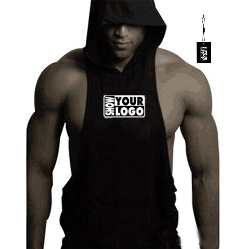 Free Label Free Card Printing Custom Printed Muscle Men Cotton Vest Fitness Hooded Vest Training Vest