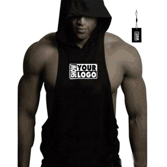 Free Label Free Card Printing Custom Printed Muscle Men Cotton Vest Fitness Hooded Vest Training Vest