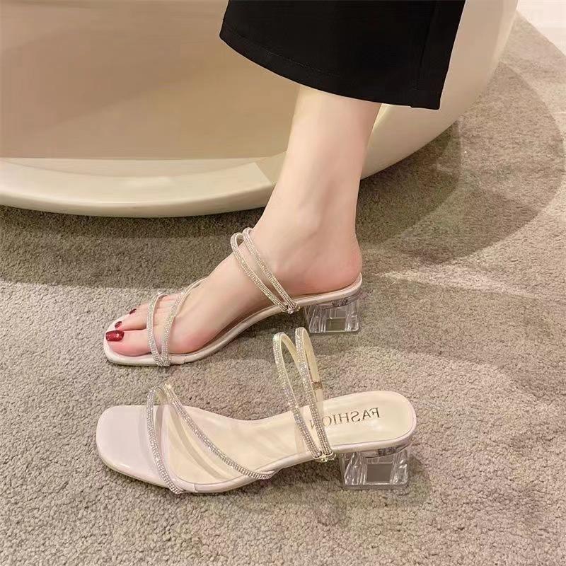 Women's Summer Clear Crystal Diamond PVC High Heels Sandals Sexy Princess Design Mesh Flat Wedge Leather