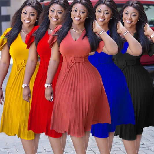 Fashion Women Evening Gown V-neck A Line High Waist Long Sleeve Pleated Maxi Weeding Dress Elegant