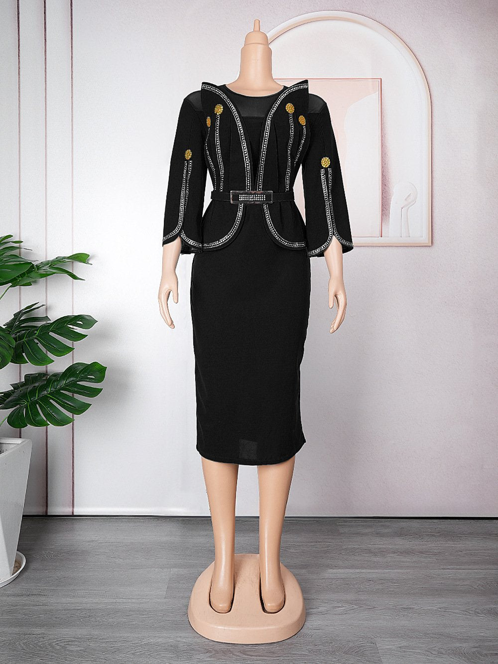 2023 African Mandarin Sleeve Dress Women Printed Dress With Belt Mother Plus Size Elegant Pleated Dress