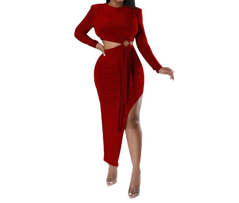 2024 Wholesale Autumn Women's New Slim Evening Dress Long Sleeve O Collar Side Exposed Waist Dress Women Elegant Casual Dress