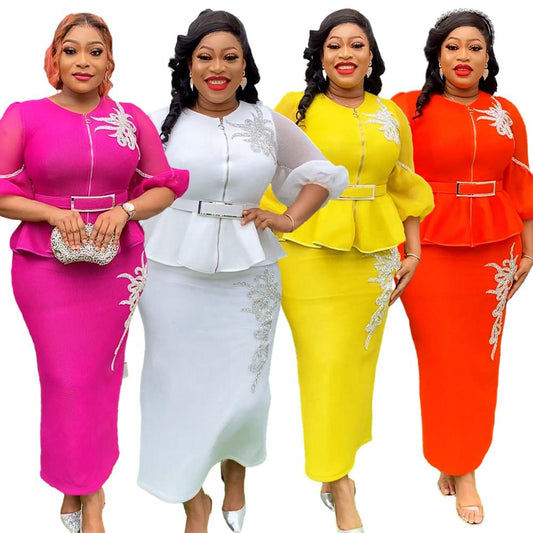 Custom Summer Office Dress Suit Bubble Sleeves H & D African Women Embroidered Slim Fit Suit 2 Piece Set