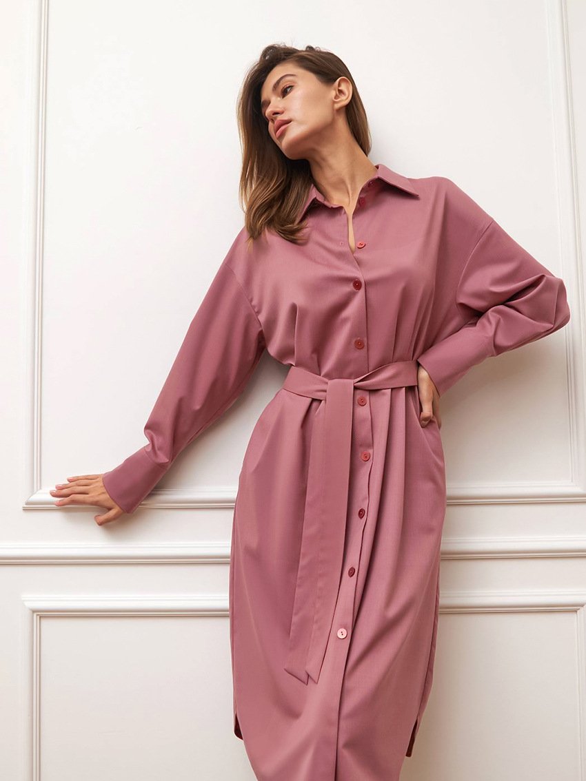 Clothing Manufacturer Dress Women Elegant Solid Color Long Sleeve Casual Women Midi Length Shirt Women's Clothing