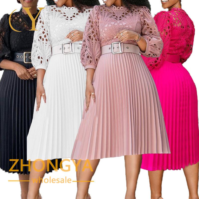 Women Crochet Lace Party Pleated Fashion Women Maxi Casual Dress Plus Size Long Sleeve Church Women Elegant Dress