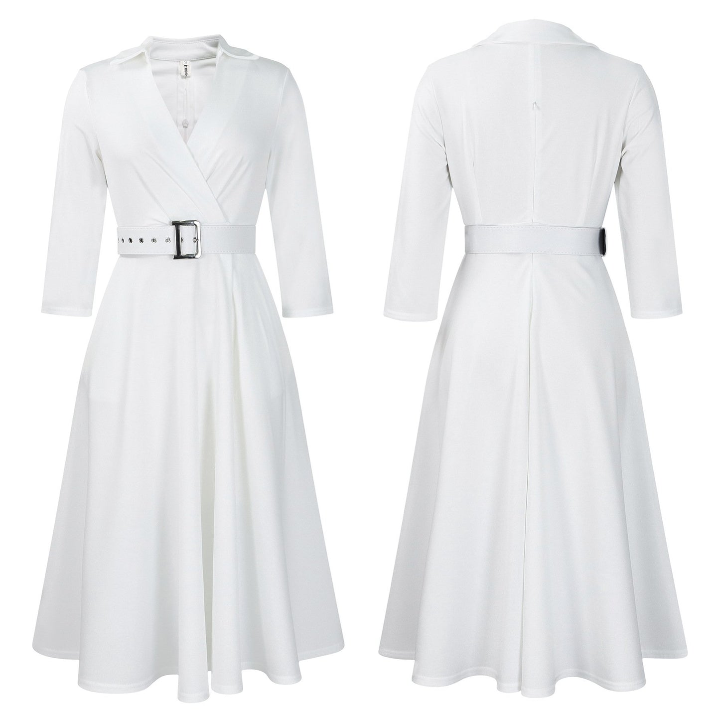 Elegant Women's Lapel Solid Color High Waist Maxi Business Casual Dress Half Formal Suit