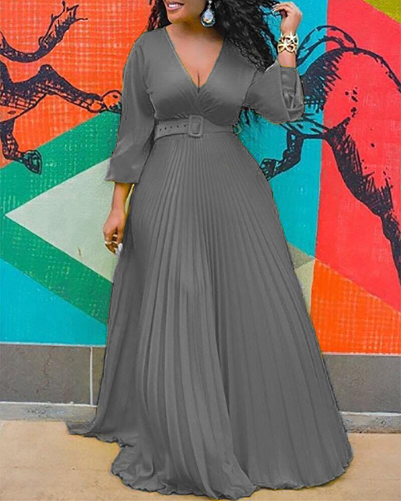 Fashion Women Evening Gown V-neck A Line High Waist Long Sleeve Pleated Maxi Weeding Dress Elegant