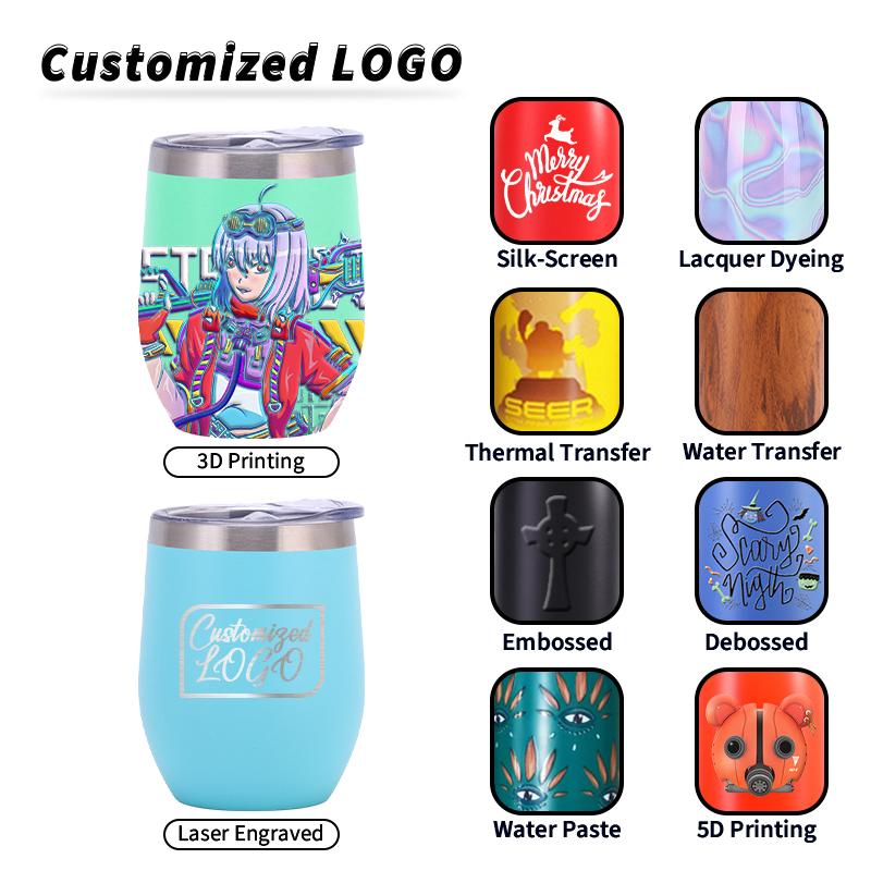 Custom Logo 12 Oz Travel Stainless Steel Insulated Powder Coated Sublimation Wine Egg Shaped Coffee Cup With Lid Wine Glass