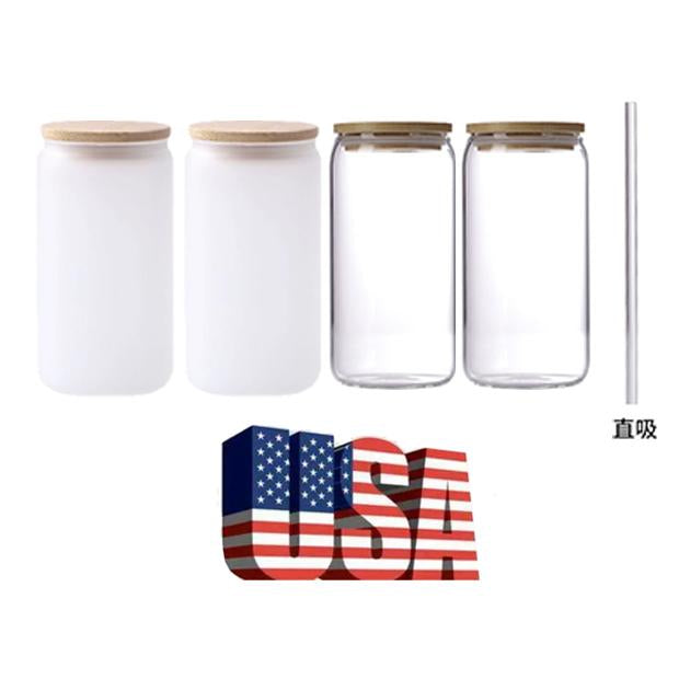 China USA Warehouse 16 Oz Clear Frosted Sublimation Blank Glass Mason Can Beer Can Bamboo Lid Glass Cup
