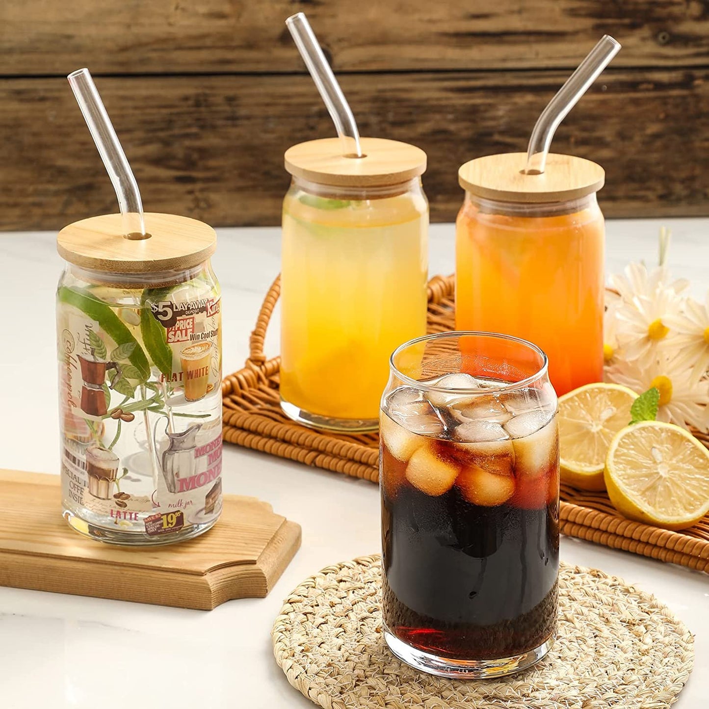 12 Oz 16 Oz 20 Oz Bamboo Lid Glass Pipette Glass Beer Cup Iced Coffee Cute Wine Glass