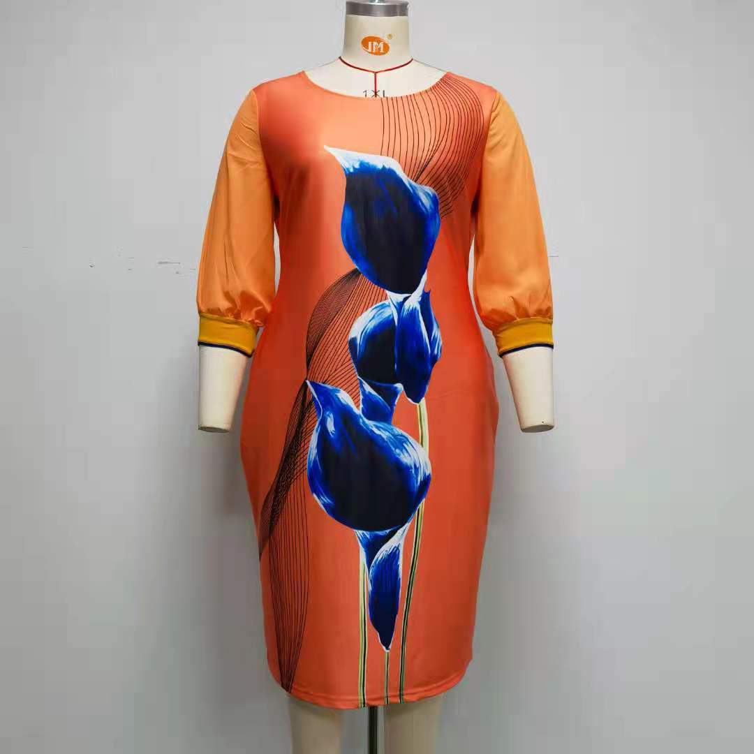 African Women Plus Size Dress O Collar 3/4 Sleeve Printed Office Dress Women's Pencil Midi Dress