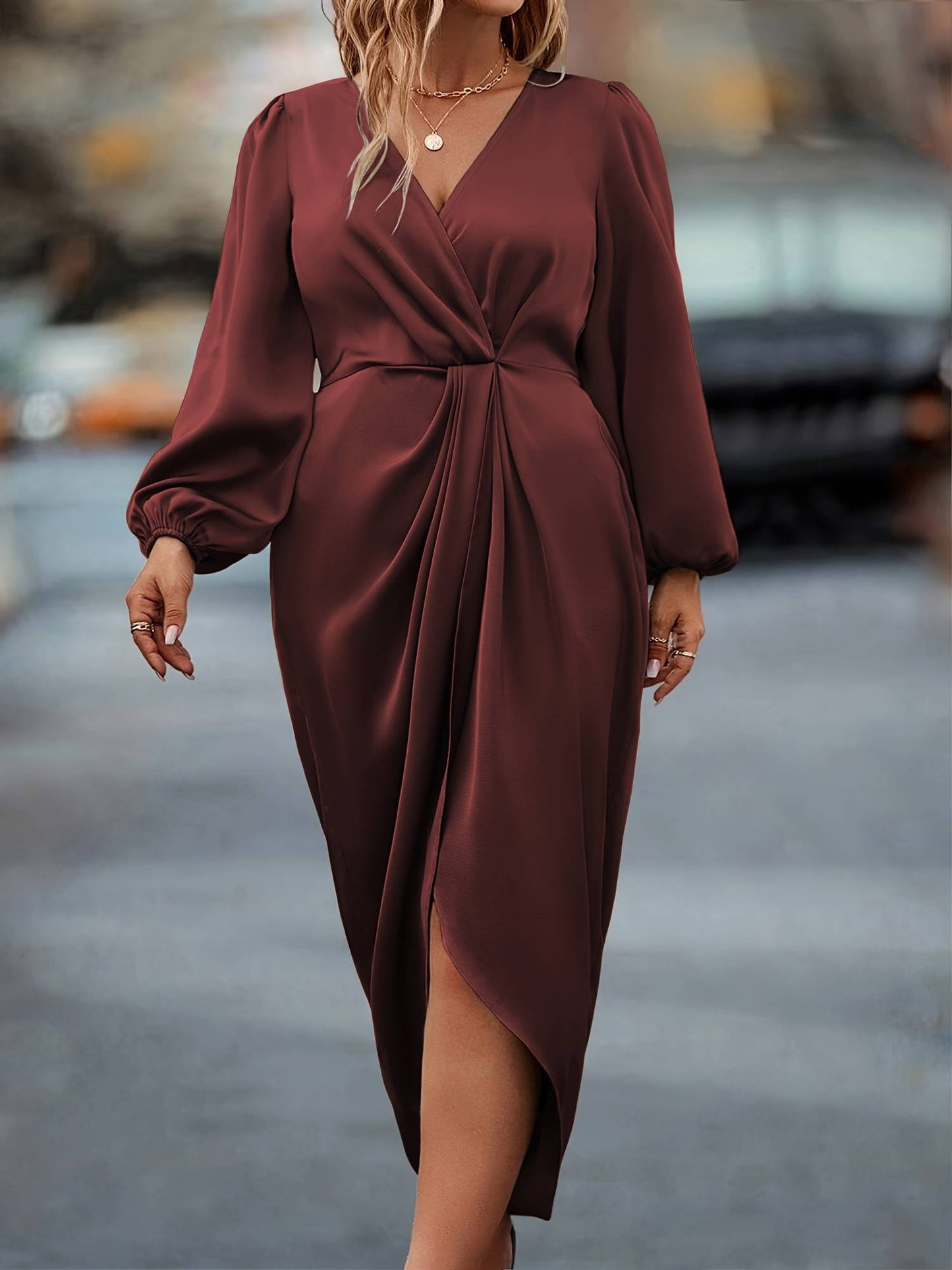 Plus Size Pleated Waist Dress Vestibule Para Carnival Elegant Women Stretch Satin Long Sleeve Evening Gown